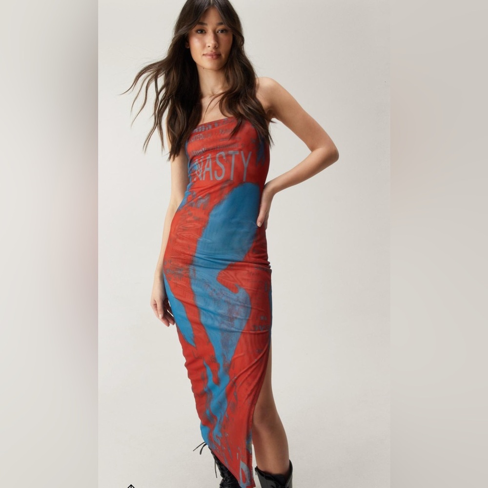 Nasty Gal Red and Blue mesh bandeau print midi dress